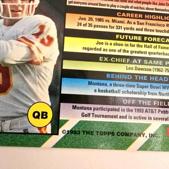 Vintage Joe Montana Trading Card Kansas City Chiefs Football Topps 1993 NFL QB - Picture 6 of 12